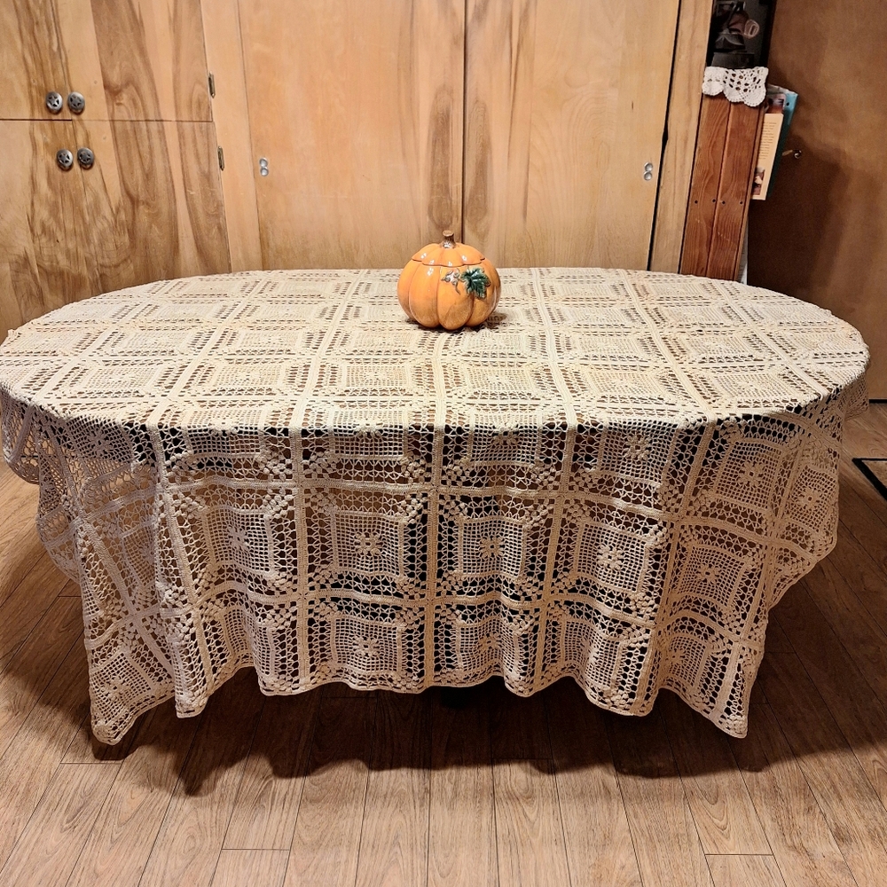 Vintage, Sophisticated Hand Crocheted Tablecloth, 70 Inches X 80 Inches